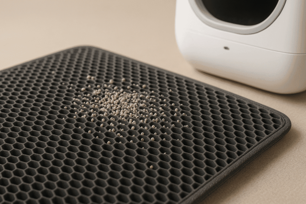 Dual-layer honeycomb litter mat trapping granules near smart litter box.