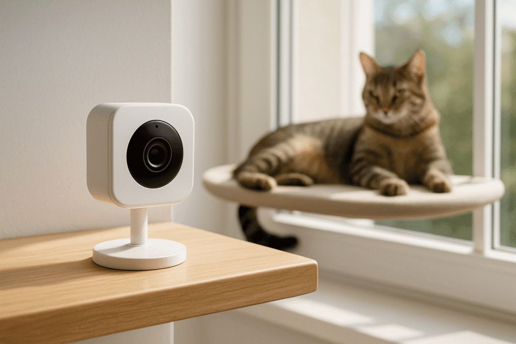 Petcube Cam Indoor watching a cat on a window perch.