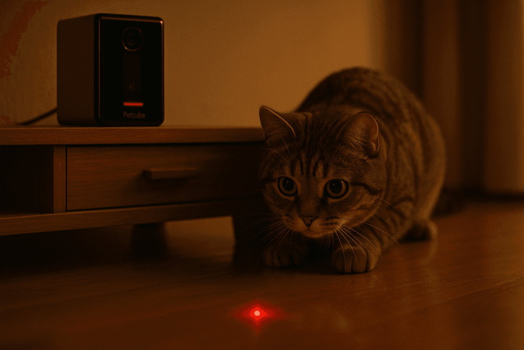 Cat following a laser from a Petcube Play 2 smart cat cameras 2025.
