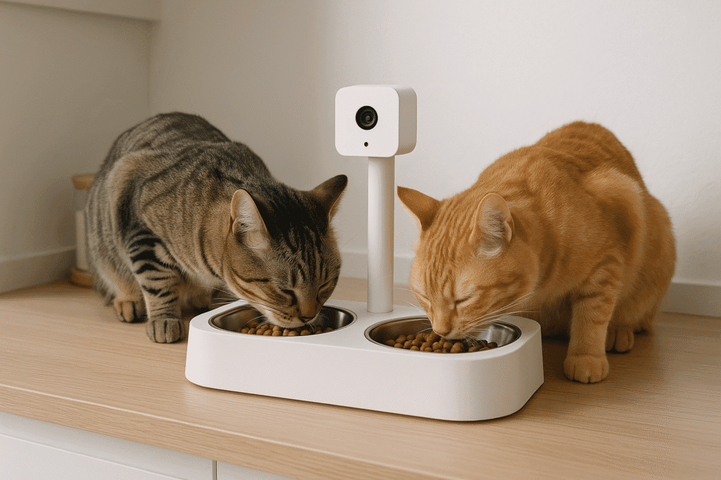 Two cats eating from a Petlibro Granary feeder with built-in camera.