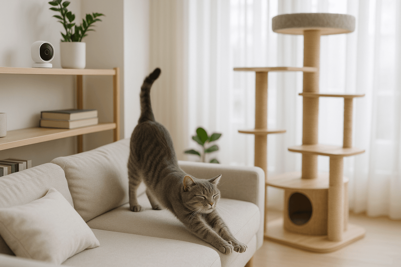 Calm cat in living room monitored by a small smart indoor camera.