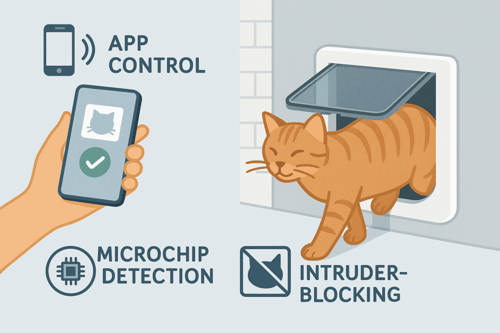 Smart cat door with app control and microchip access illustration