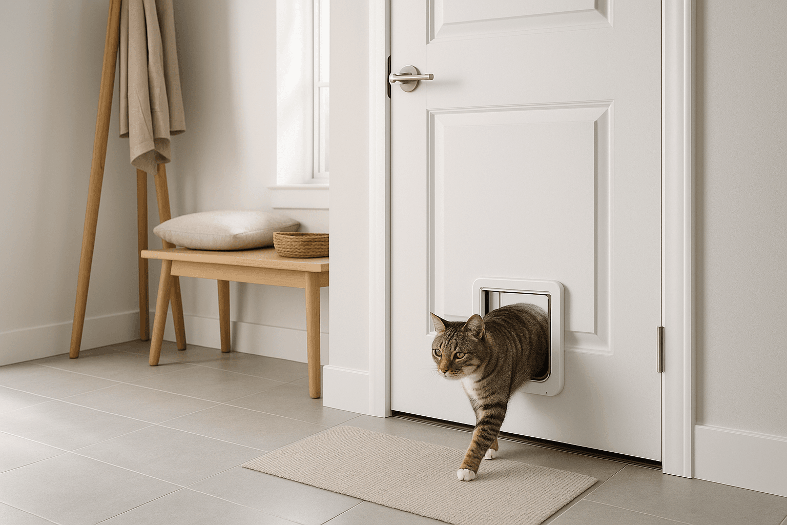 Cat using a microchip-enabled smart door in a bright entryway.