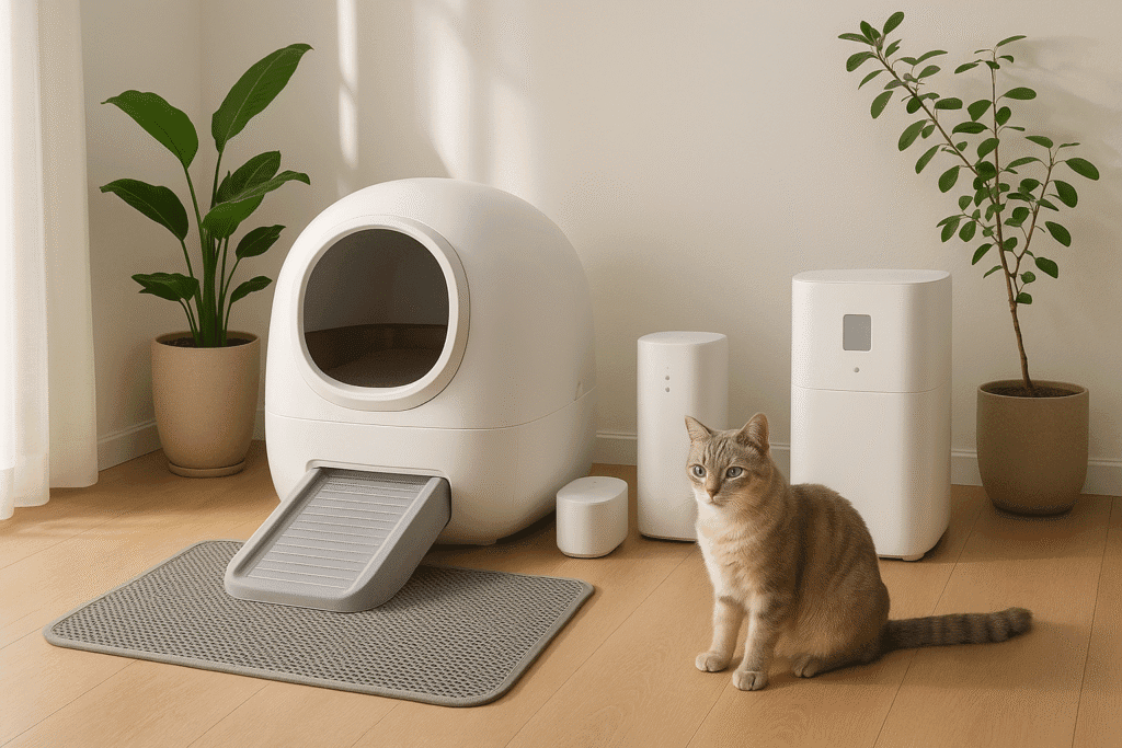 Complete smart litter accessories 2025 station with ramp, mat, deodorizer, and refill system.