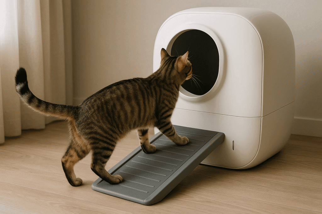 Cat using ramp to access smart litter box safely.