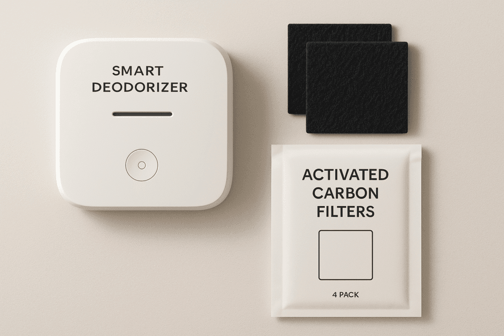 Smart deodorizer and carbon filters designed for modern litter boxes.