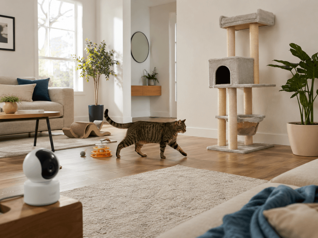A cat moving between a floor-level toy area and a tall cat tree while an indoor pan-and-tilt camera covers the room