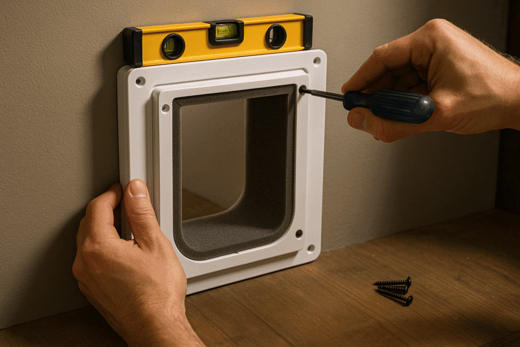 Installing a smart cat door with a wall conversion tunnel.