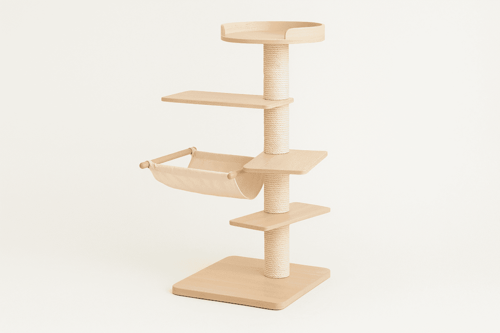 Modern cat tree in light wood with a cotton hammock and multiple platforms for cats to climb and lounge.