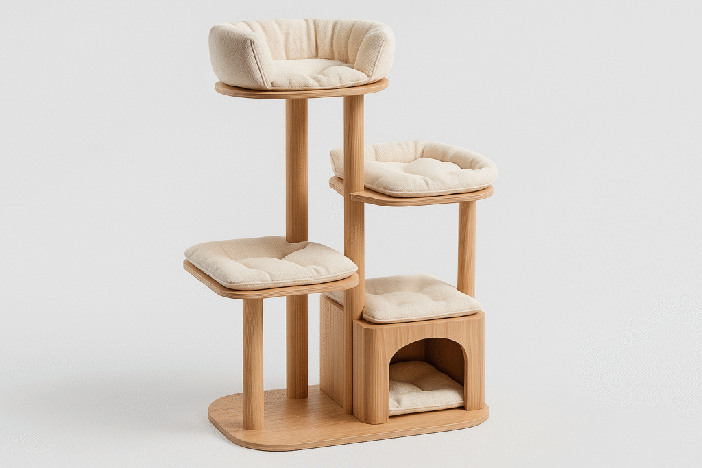 Elegant modern cat tree with wooden structure, washable cushions, and multiple levels for climbing and resting.