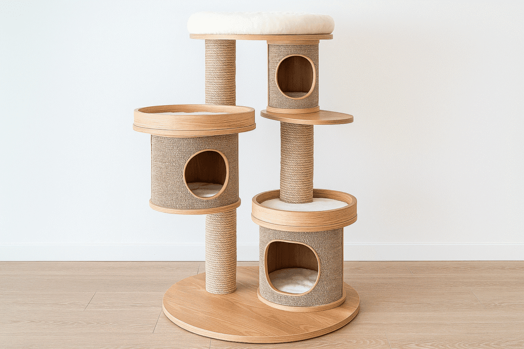 Premium eco-friendly modern cat trees 2025 with hideaways and natural wood finish, perfect for cats.