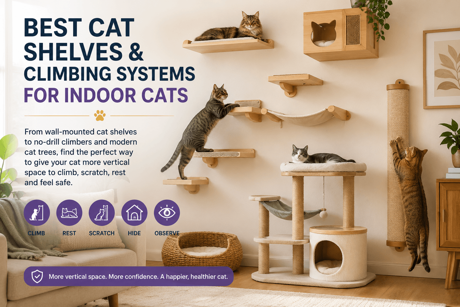 Indoor cat using wall shelves, a modern cat tree and a vertical scratcher in a bright cat-friendly living room
