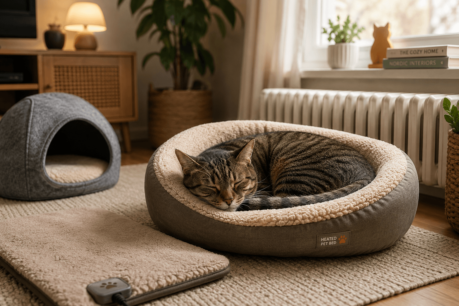 Cat resting comfortably in a warm cushioned bed beside a radiator in a modern living room.