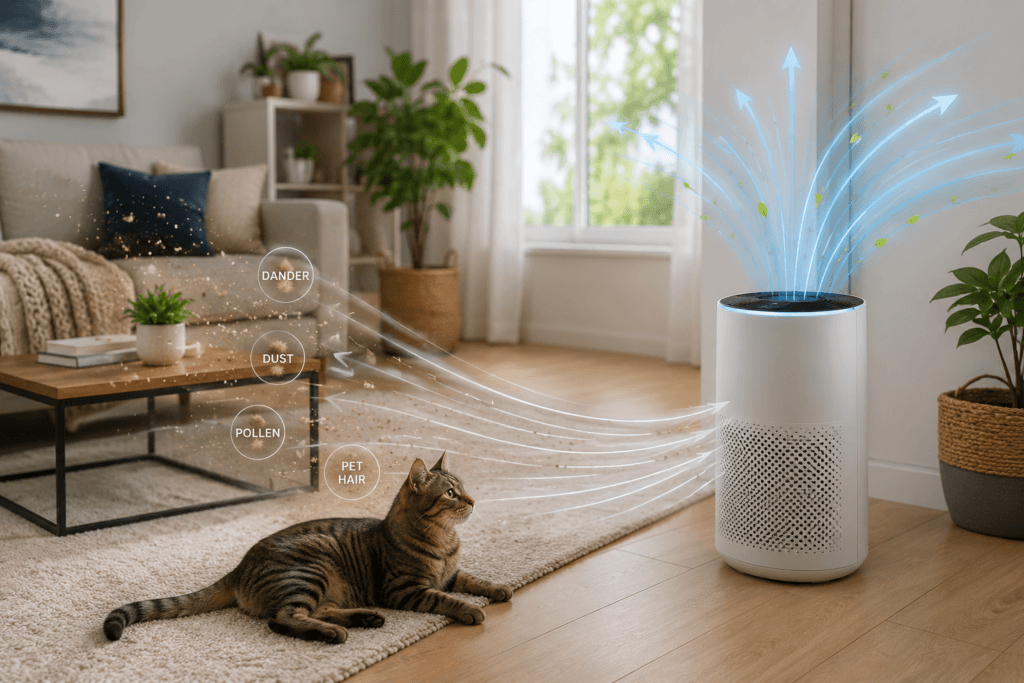A smart air purifier filtering airborne dust and cat dander in a bright living room while a tabby cat rests nearby