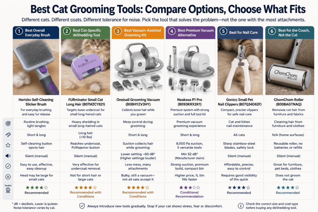 Comparison of cat brushes, deShedding tools, grooming vacuums, nail clippers and furniture hair removers