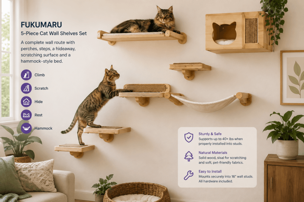 Indoor cat climbing a complete wall-mounted shelf route with perches, steps, scratching surfaces and a resting area