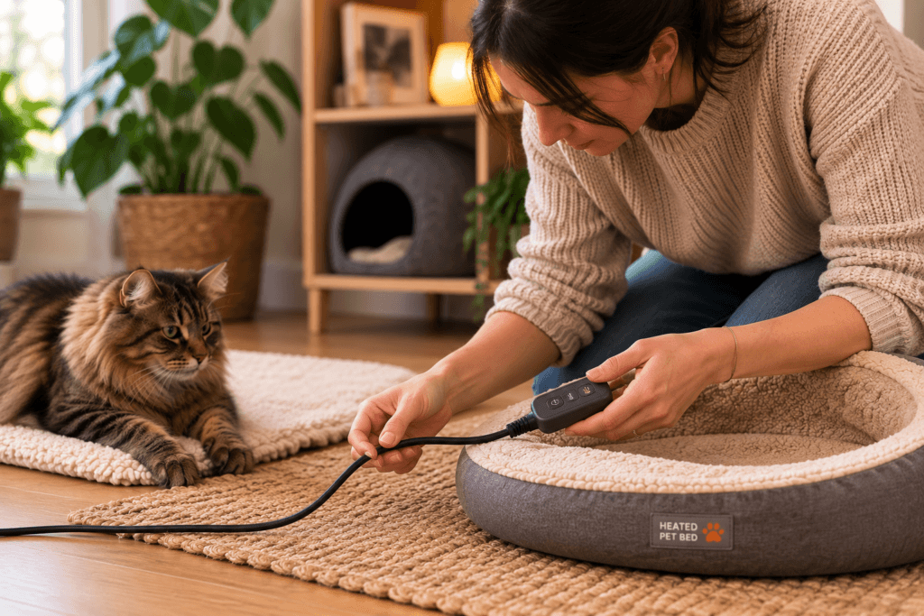 Owner inspecting the power cord and controller of a heated pet bed before use.