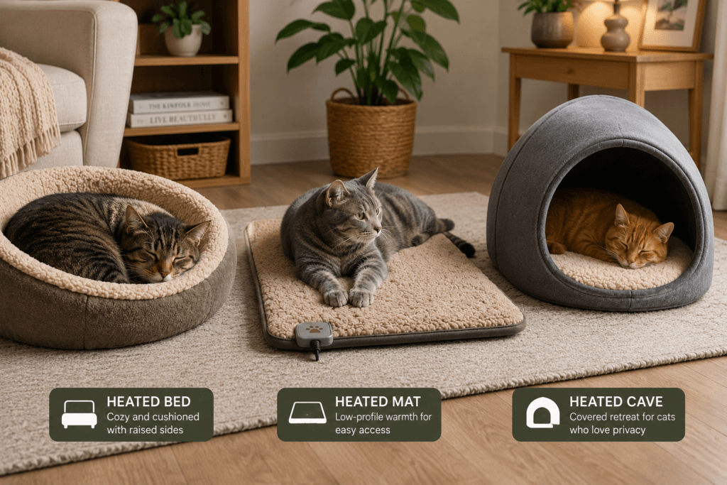 Round heated cat bed, flat warming mat and covered cat cave arranged side by side.