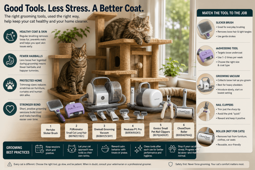 Cat grooming tools arranged beside two cats with guidance for brushing, shedding, nail care and furniture cleanup