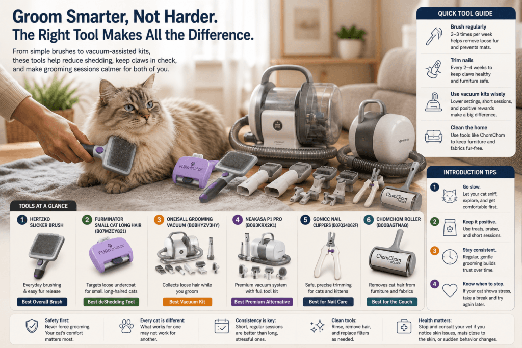 Long-haired cat being gently brushed beside grooming tools and vacuum-assisted grooming kits