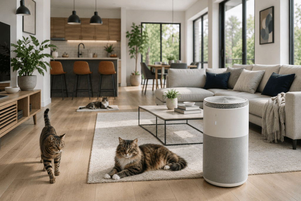 A large smart air purifier operating in an open-plan living room with two cats resting nearby