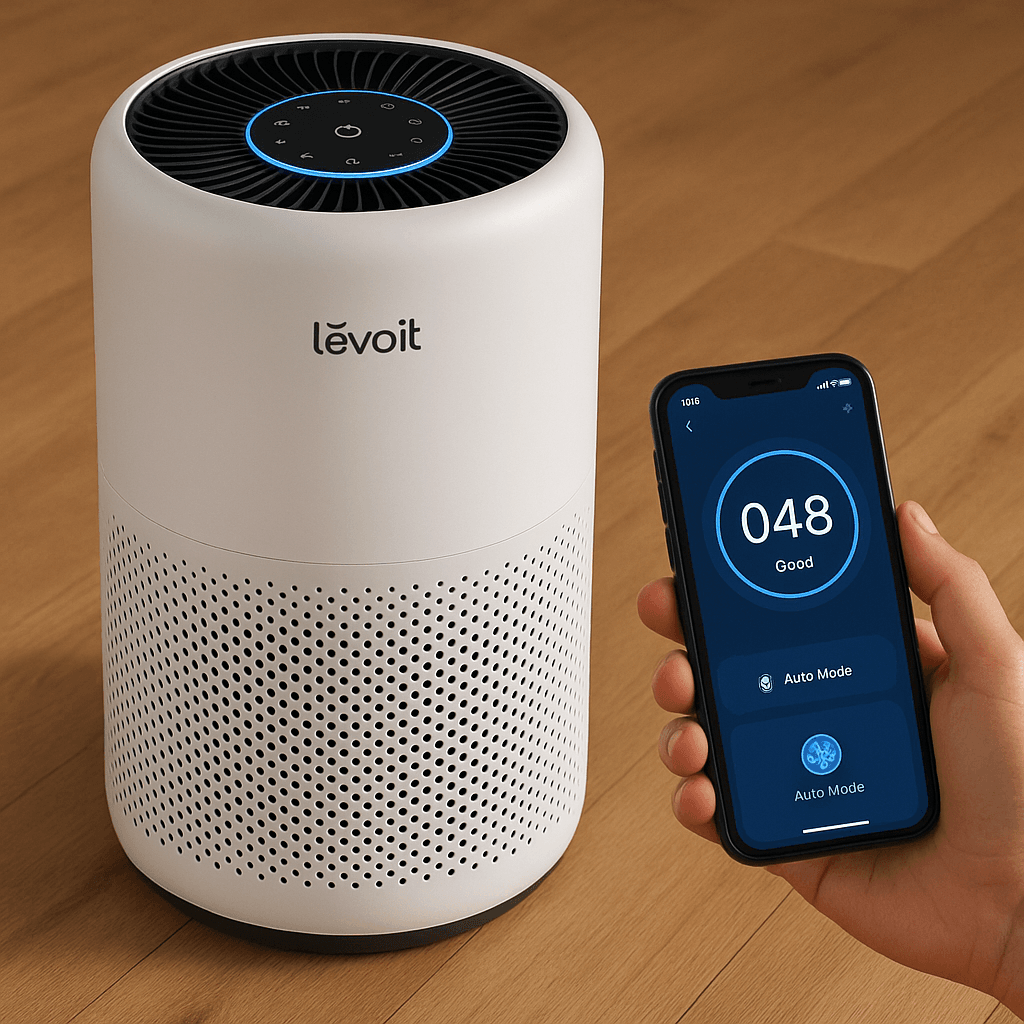 Levoit Core 400S smart air purifier on a wood floor, app open on phone showing AQI and auto mode. One of the best smart air purifiers for cat owners 2025