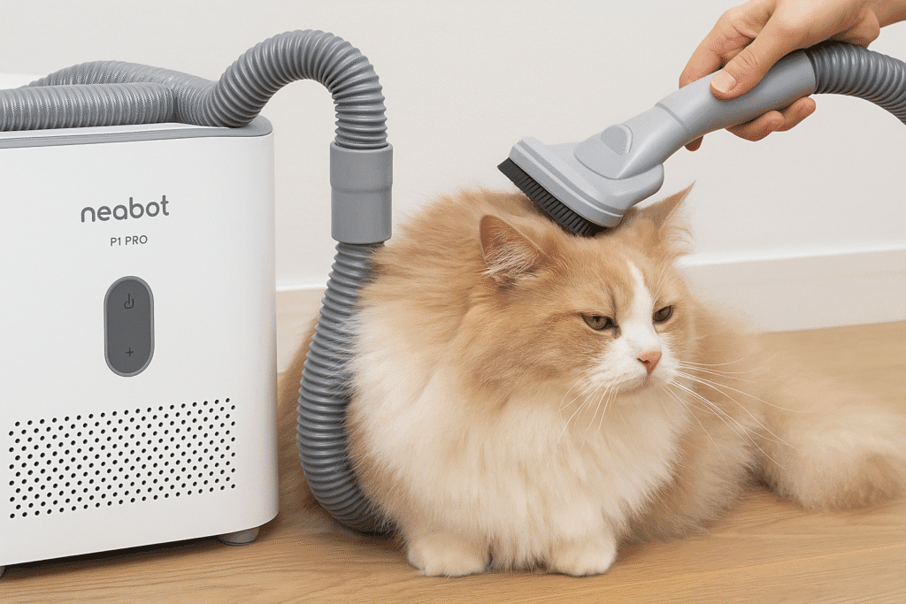 Neabot P1 Pro smart grooming kit with vacuum for cats. One of the best smart cat grooming tools 2025