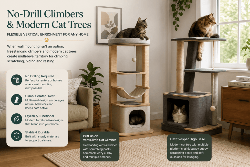 Indoor cat using a freestanding vertical climber and modern cat tree alternative in an apartment living room