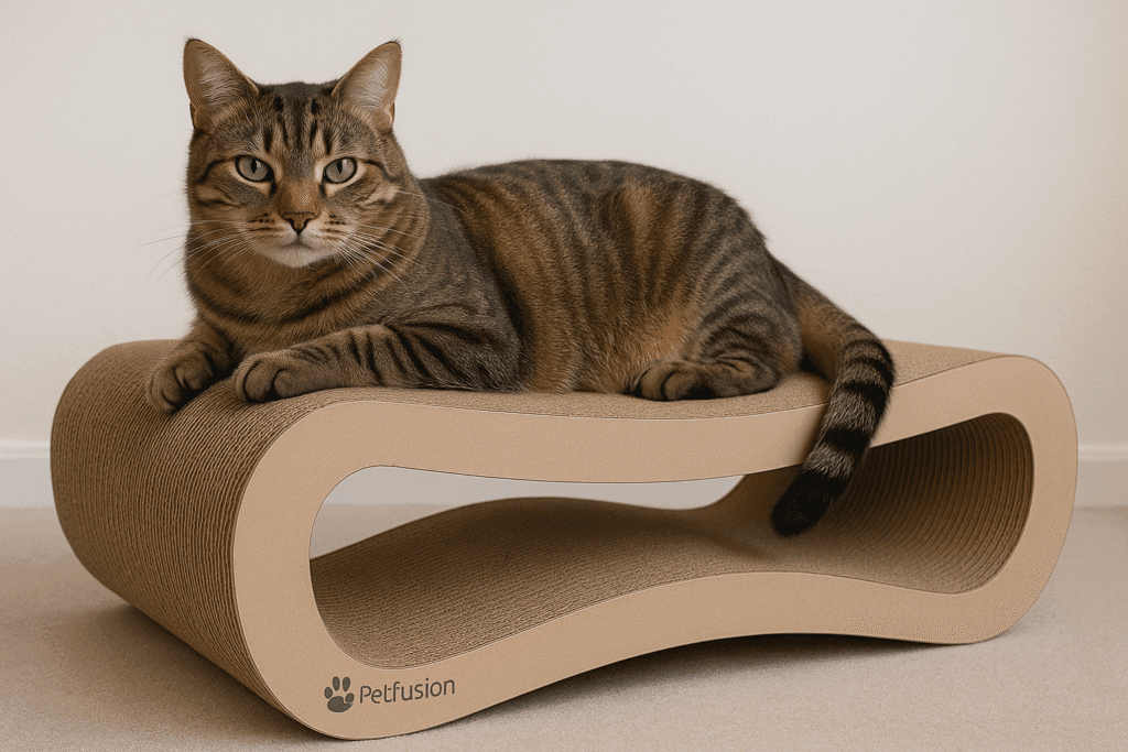 PetFusion Ultimate Cat Scratcher Lounge with cat resting