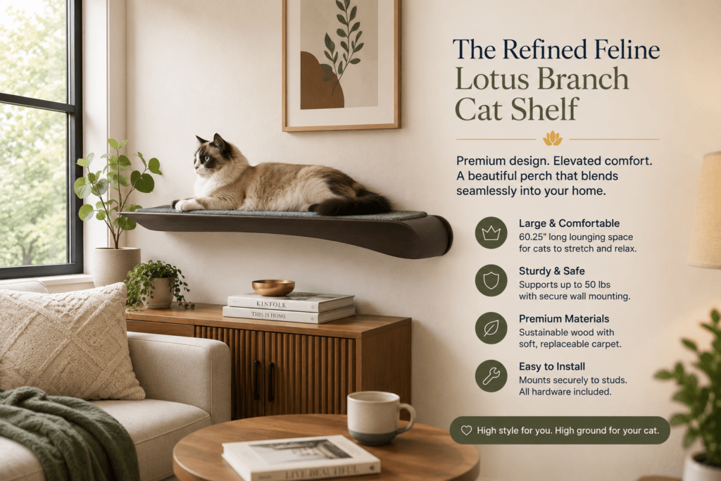 Modern living room with a premium cat wall shelf near a window and a cat resting on the elevated perch
