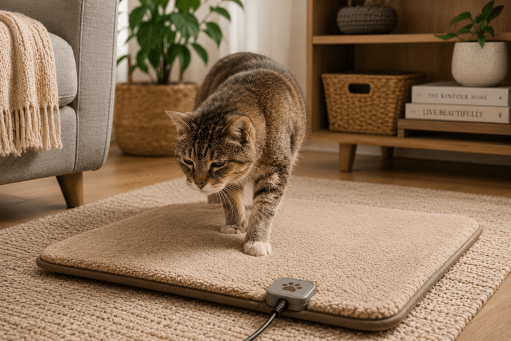 Senior cat stepping easily onto a low-profile warming mat without raised sides.