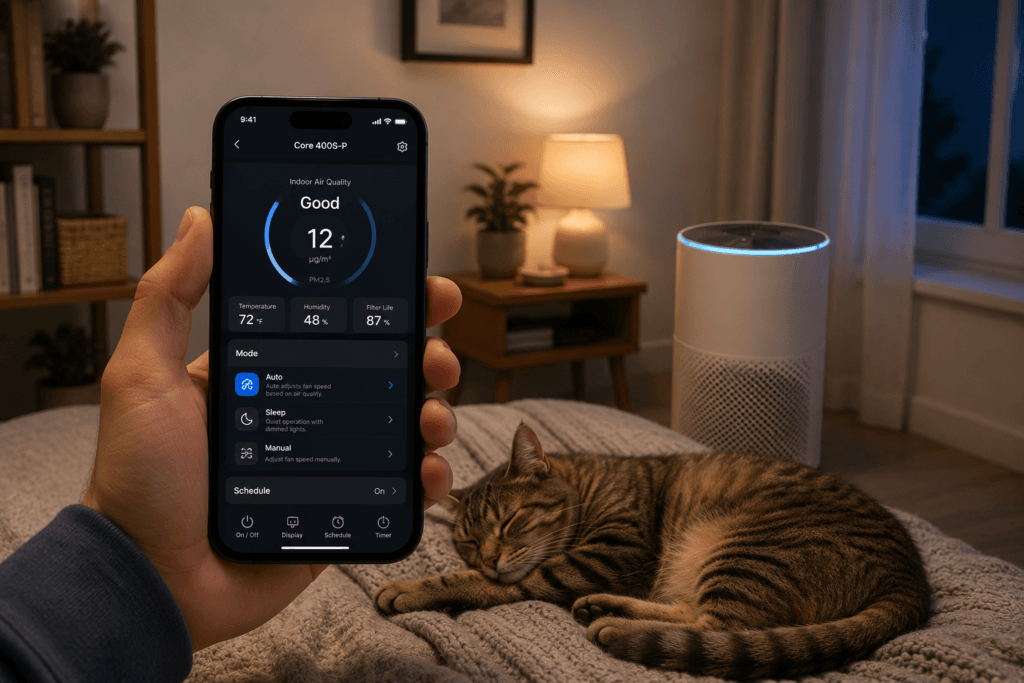 A smartphone displaying air purifier controls beside a quiet purifier while a cat sleeps in a bedroom