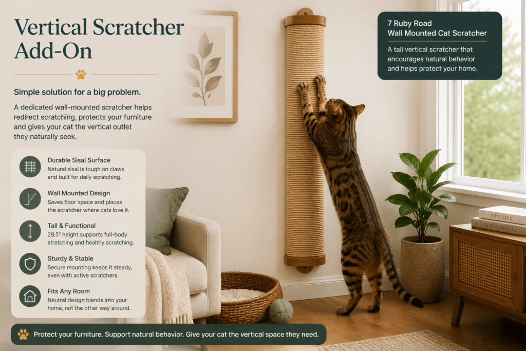 Indoor cat stretching on a wall-mounted vertical scratcher placed near a resting area