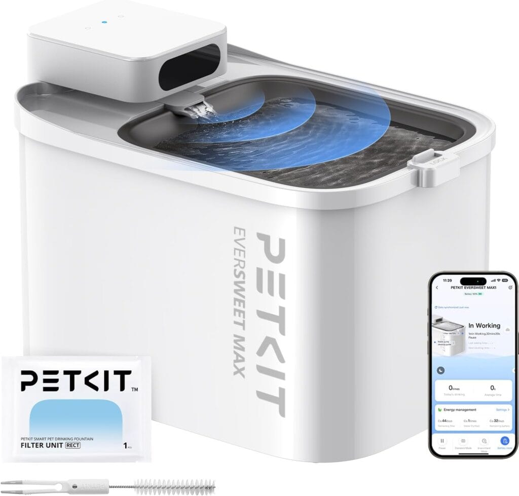 PETKIT EverSweet Max Cordless smart cat water fountain with app display, replacement filter, and cleaning brush