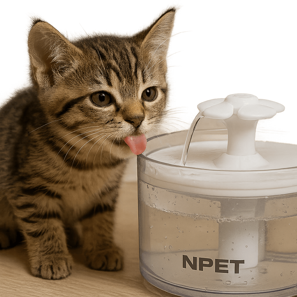 Tabby kitten drinking from NPET transparent fountain.