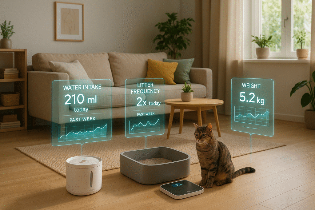 Cat wellness station showing weight and hydration holographic data. Smart Cat Health Monitors 2025.