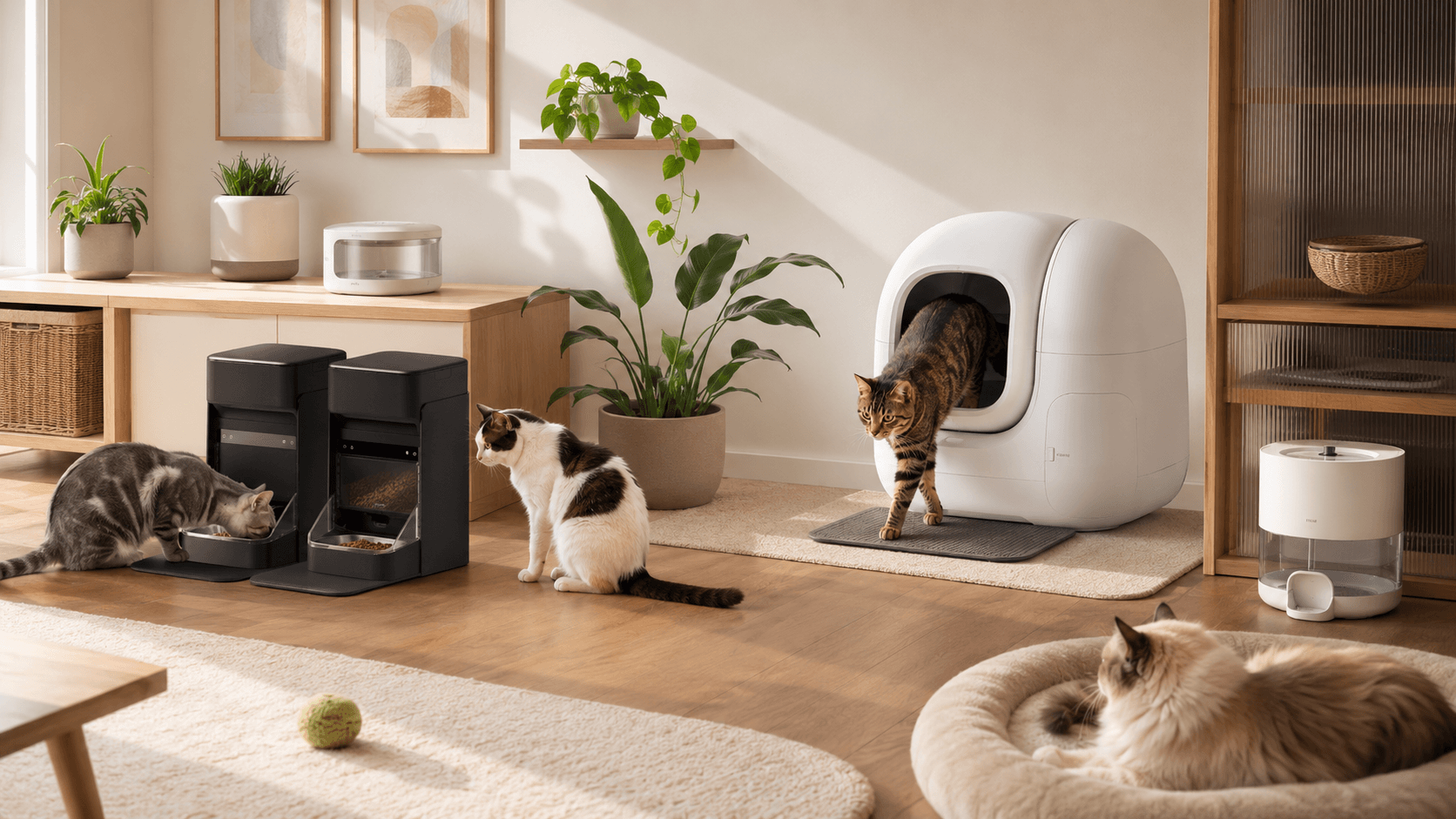 Several cats using separate smart feeders, an automatic litter box and a water fountain in a modern home