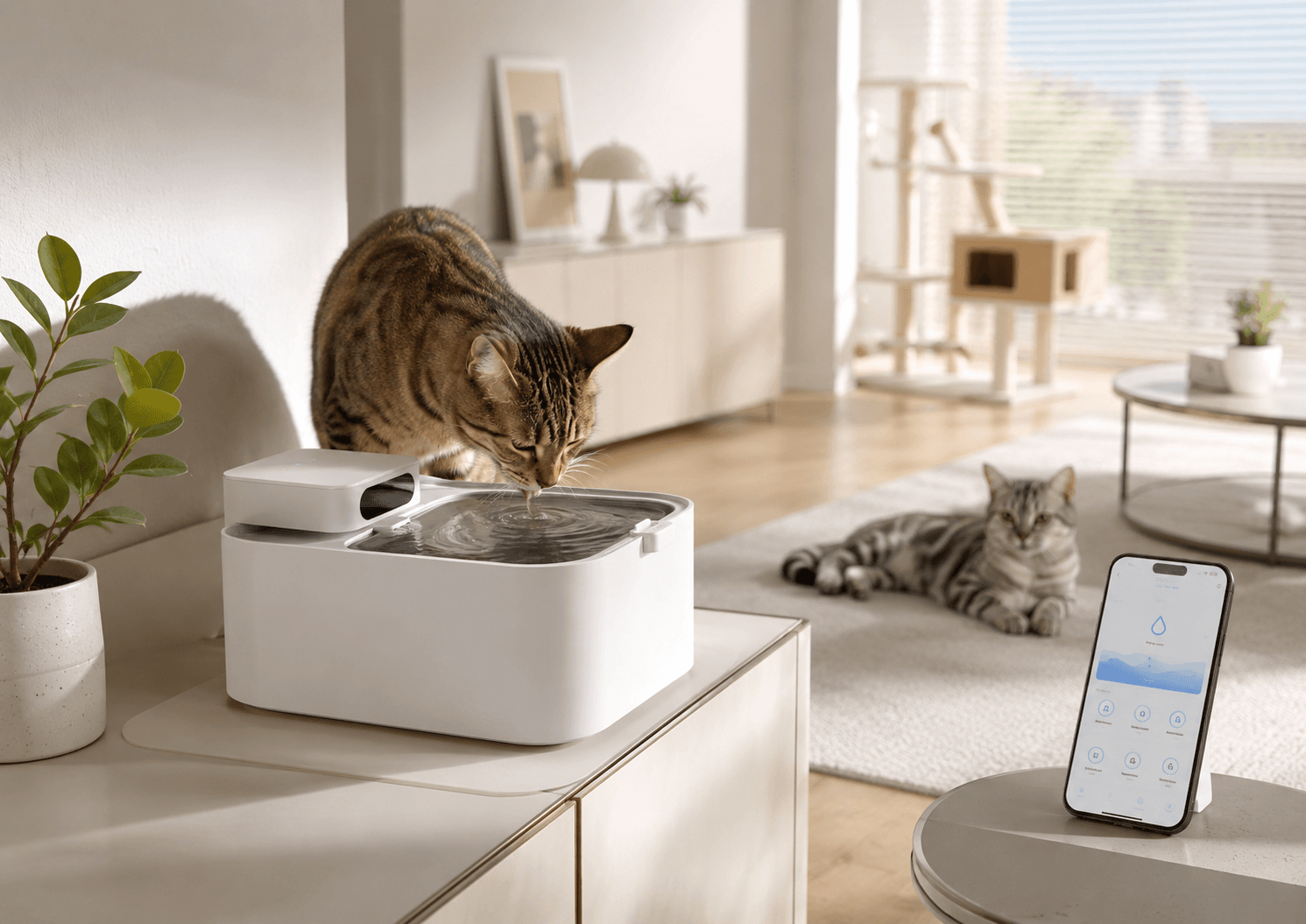 A bright modern home with a tabby cat drinking from a smart water fountain beside a clean hydration area