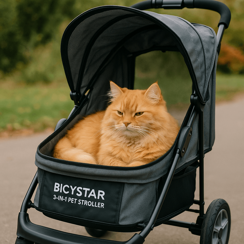 Cat inside BICYSTAR 3-in-1 stroller, canopy open. Essential cat travel tech 2025.