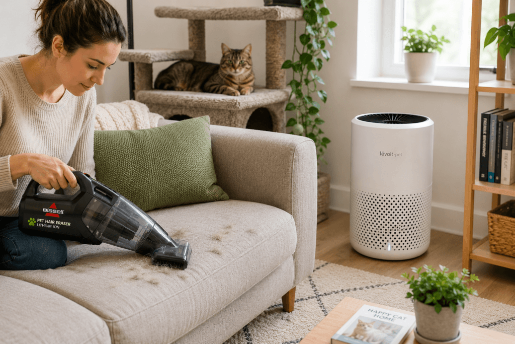 A handheld vacuum cleaning cat hair from a sofa beside a quiet air purifier in a bright living room