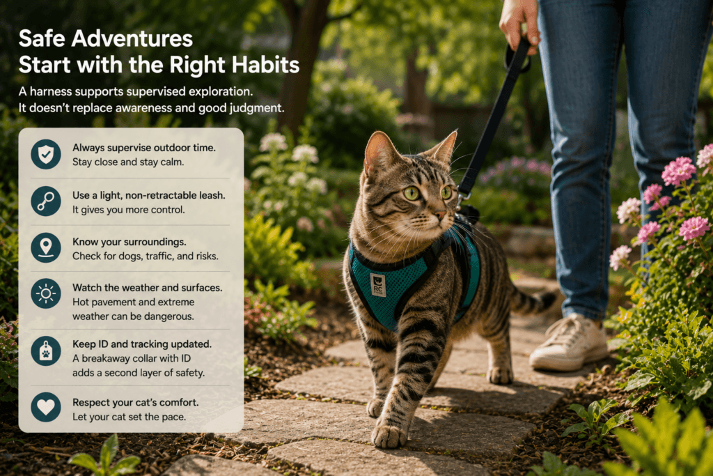 A cat in a harness exploring a quiet garden while its owner holds a relaxed leash nearby
