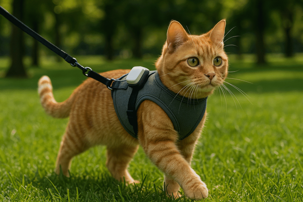 Cat wearing a harness with GPS tracker walking safely in a park.