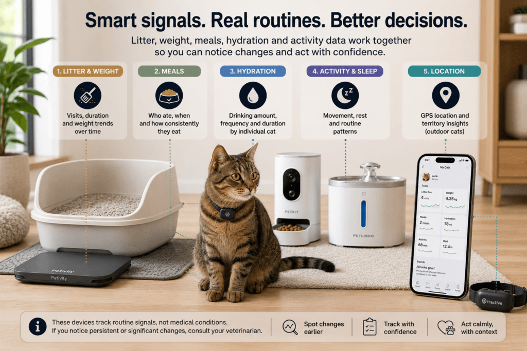 A cat in a modern home with a smart feeder, water fountain and wearable tracker represented as simple routine data signals