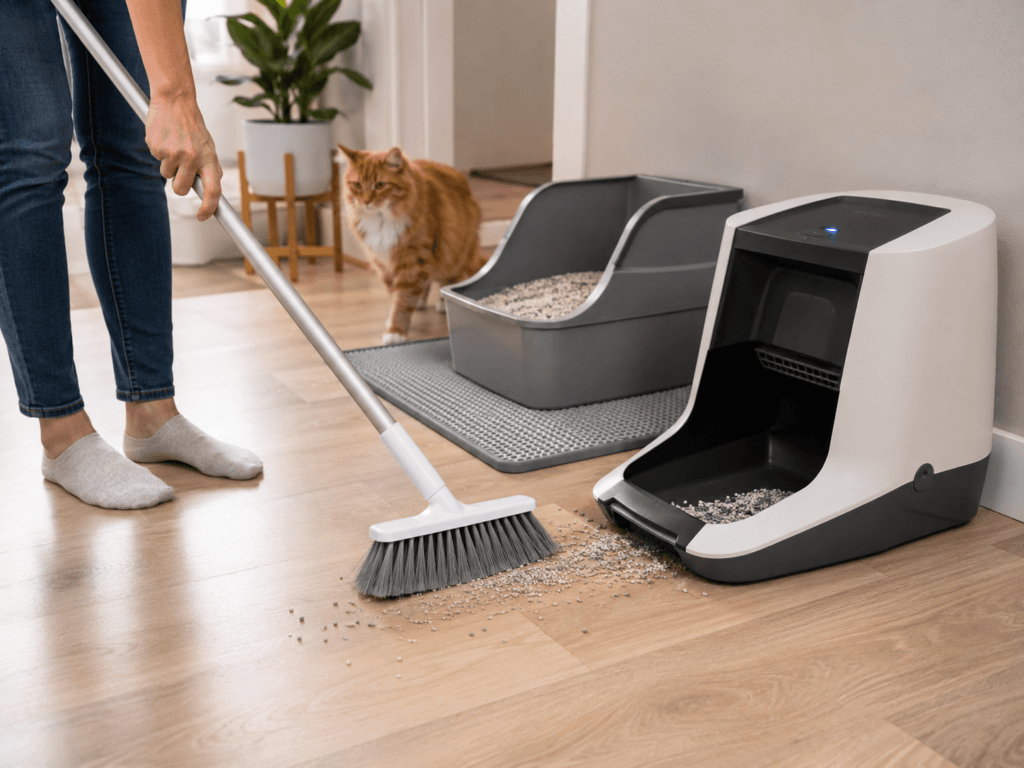 A person sweeping small litter granules near a cat litter box into a touchless floor vacuum on hard flooring
