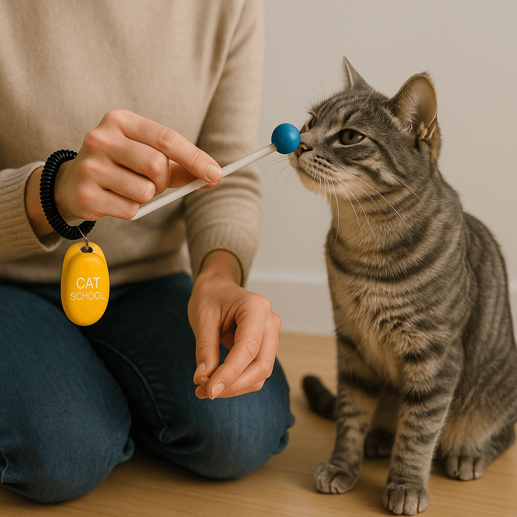 Cat owner using CAT SCHOOL Clicker Training Kit with target stick.