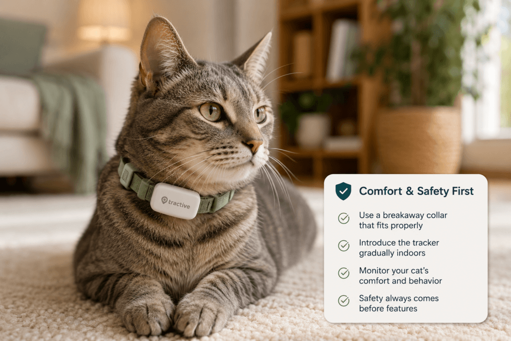 A relaxed cat indoors wearing a lightweight tracker on a properly fitted breakaway collar