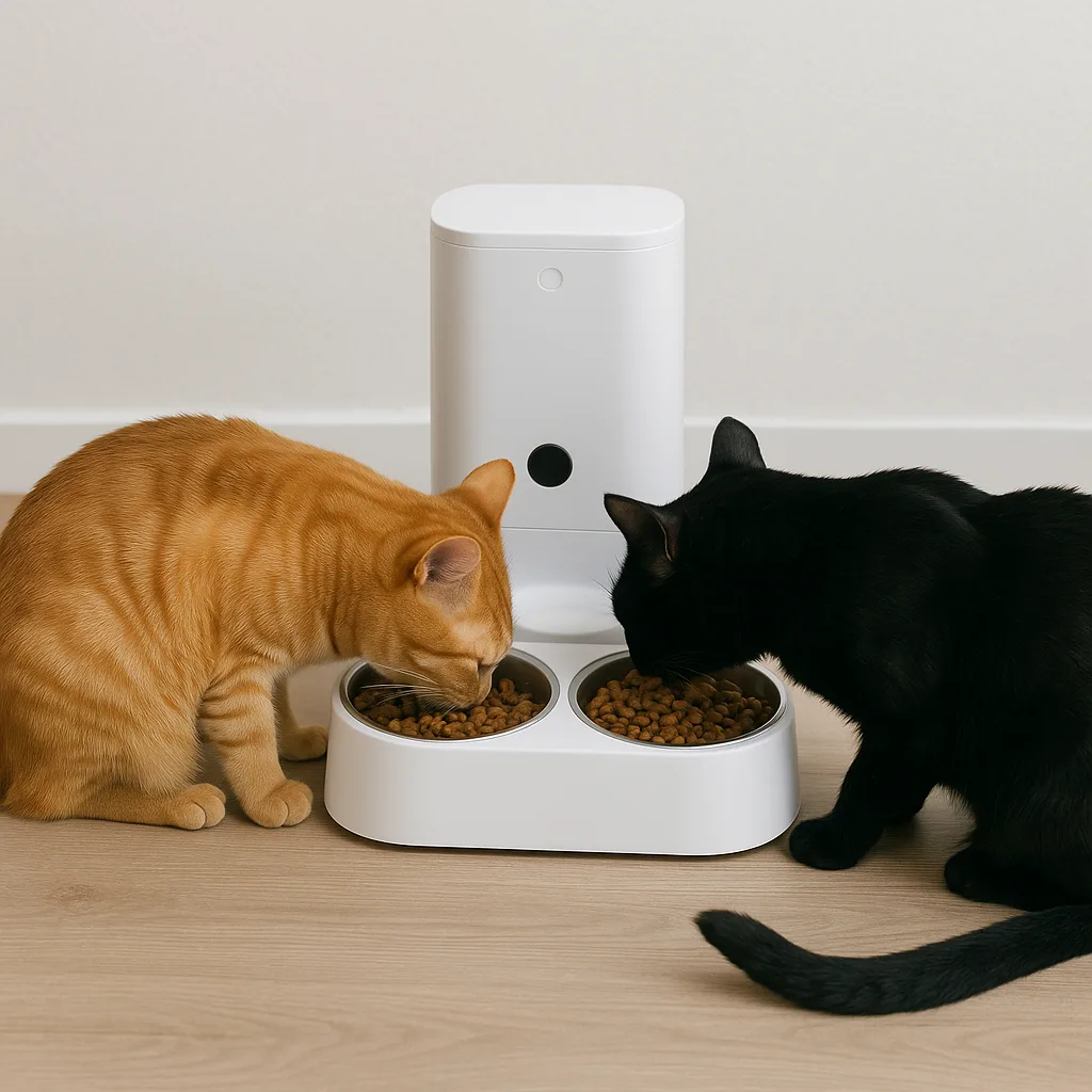 Two cats eating simultaneously from a dual automatic feeder.