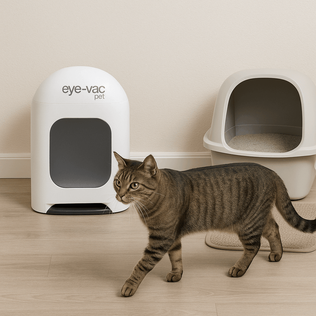 EyeVac Pet touchless vacuum for litter spills and pet hair. One of the best smart cat cleaning tools 2025.