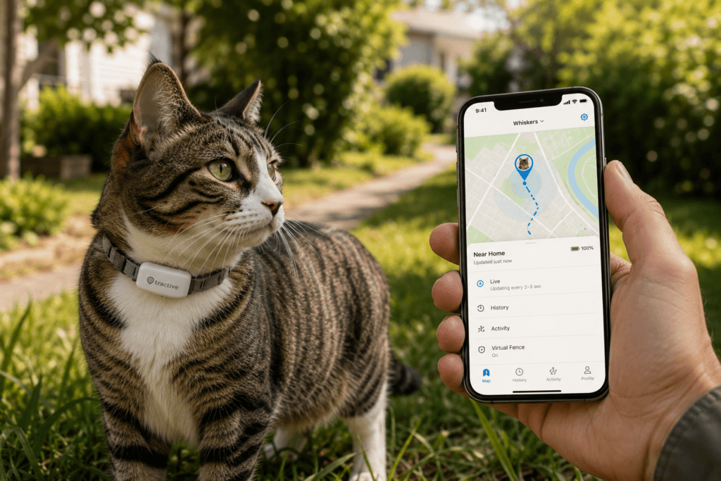 An outdoor cat wearing a small tracker while an owner checks a live location map on a smartphone