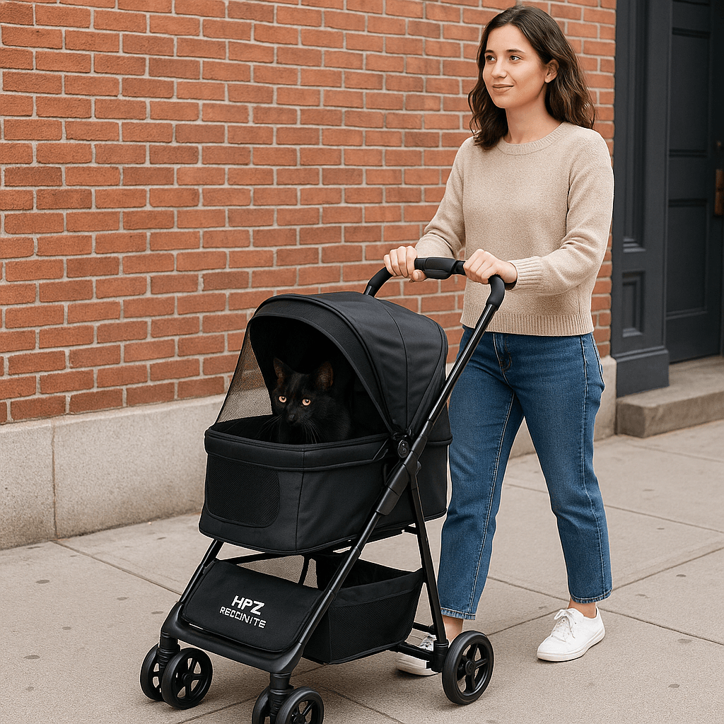 Cat being pushed in lightweight HPZ Rover Lite stroller.
